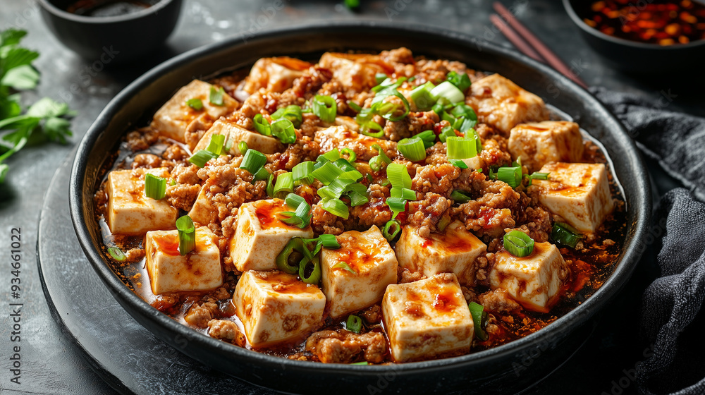 Savory Sichuan Mapo Tofu With Ground Pork and Green Onions Garnish Savory Sichuan Mapo Tofu With Ground Pork and Green Onions Garnish