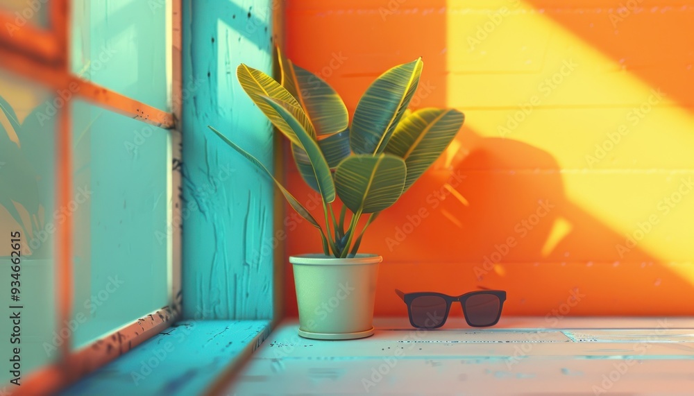 Brighten Up Your Home with Cheerful Accessories for Lively Entertaining Vibrant Scene with Sunglasses, Plant, and Sunlit Window Brighten Up Your Home with Cheerful Accessories for Lively Entertaining Vibrant Scene with Sunglasses, Plant, and Sunlit Window
