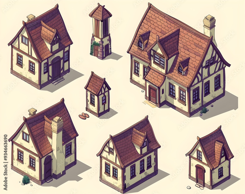 set of isometric houses, simple vector illustration, 3D render, front view, top down view, front and side views clipart element, prnt, business, workart set of isometric houses, simple vector illustration, 3D render, front view, top down view, front and side views clipart element, prnt, business, workart