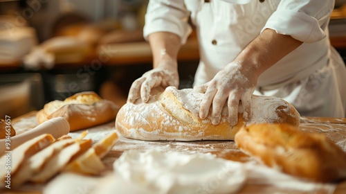 A baker shapes a loaf of bread on a table. photo