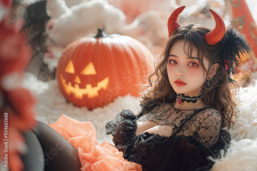 ハロウィーンをテーマに悪魔の仮装をしている若い日本人女性(美人モデル)