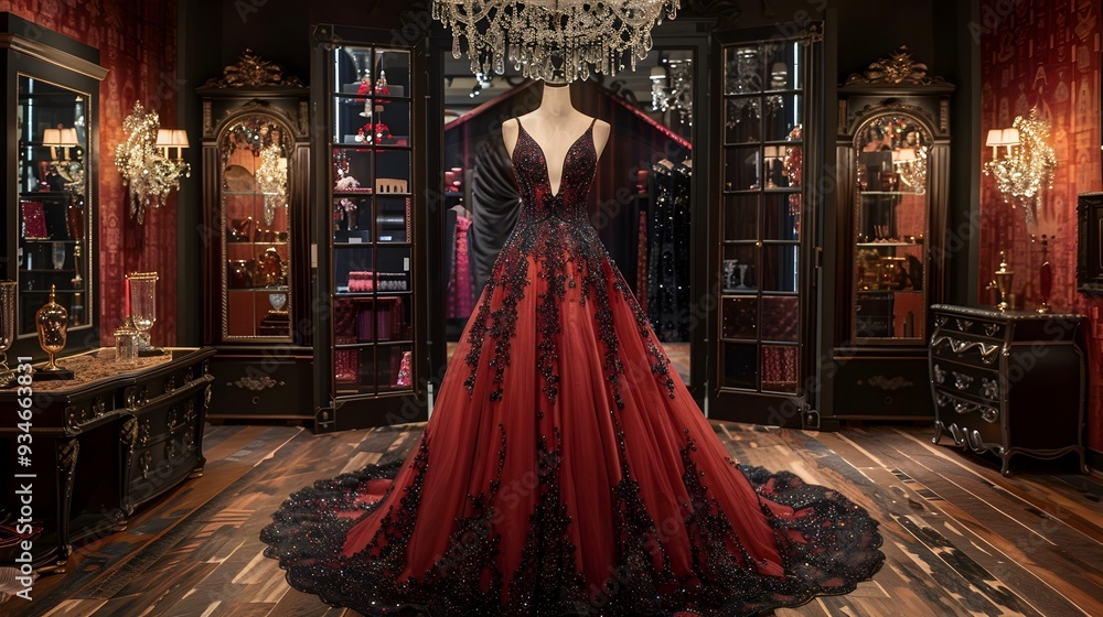 Elegant and Intricate Red Velvet Evening Gown Displayed on Mannequin in Luxurious Setting Elegant and Intricate Red Velvet Evening Gown Displayed on Mannequin in Luxurious Setting
