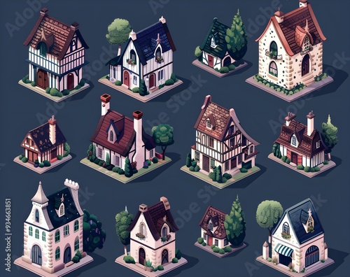 set of isometric houses, simple vector illustration, 3D render, front view, top down view, front and side views clipart element, prnt, business, workart photo