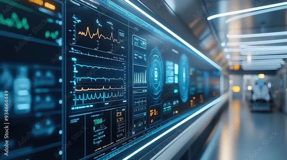 Detail of a high-tech control panel displaying various data metrics and analytics in a futuristic environment. Detail of a high-tech control panel displaying various data metrics and analytics in a futuristic environment.