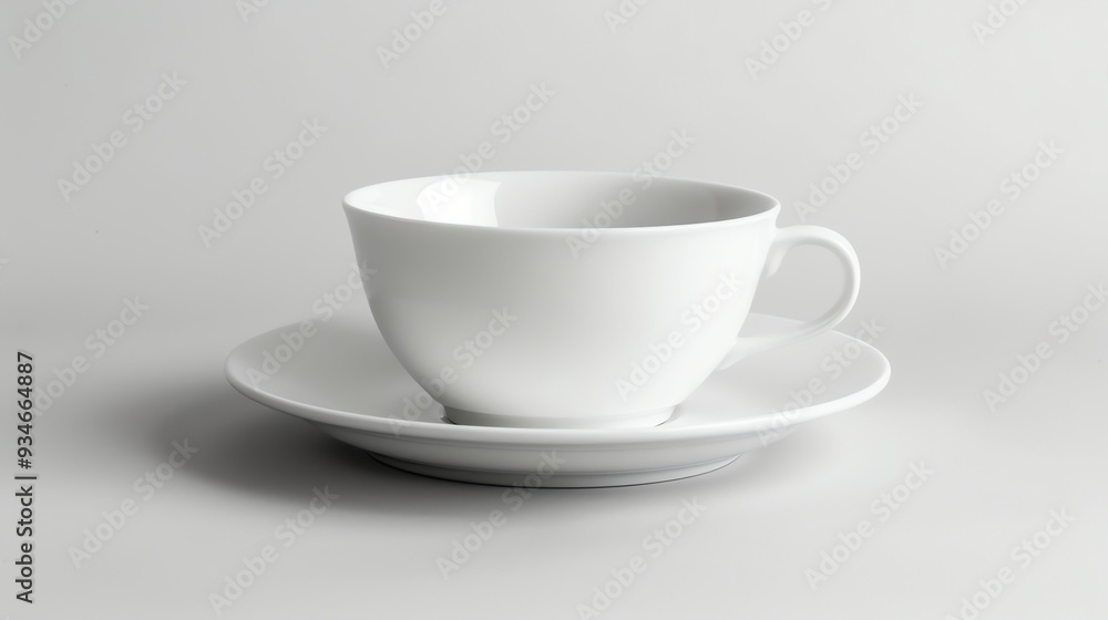 A white teacup and saucer on a white background. A white teacup and saucer on a white background.