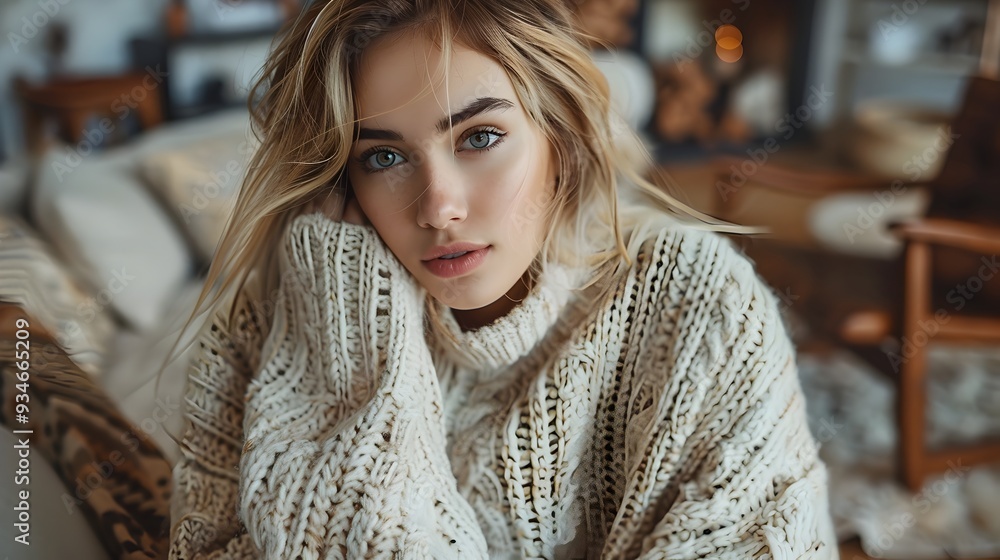 Cozy and Chic Fashionable Model Posing in Minimalist Apartment Interior Cozy and Chic Fashionable Model Posing in Minimalist Apartment Interior
