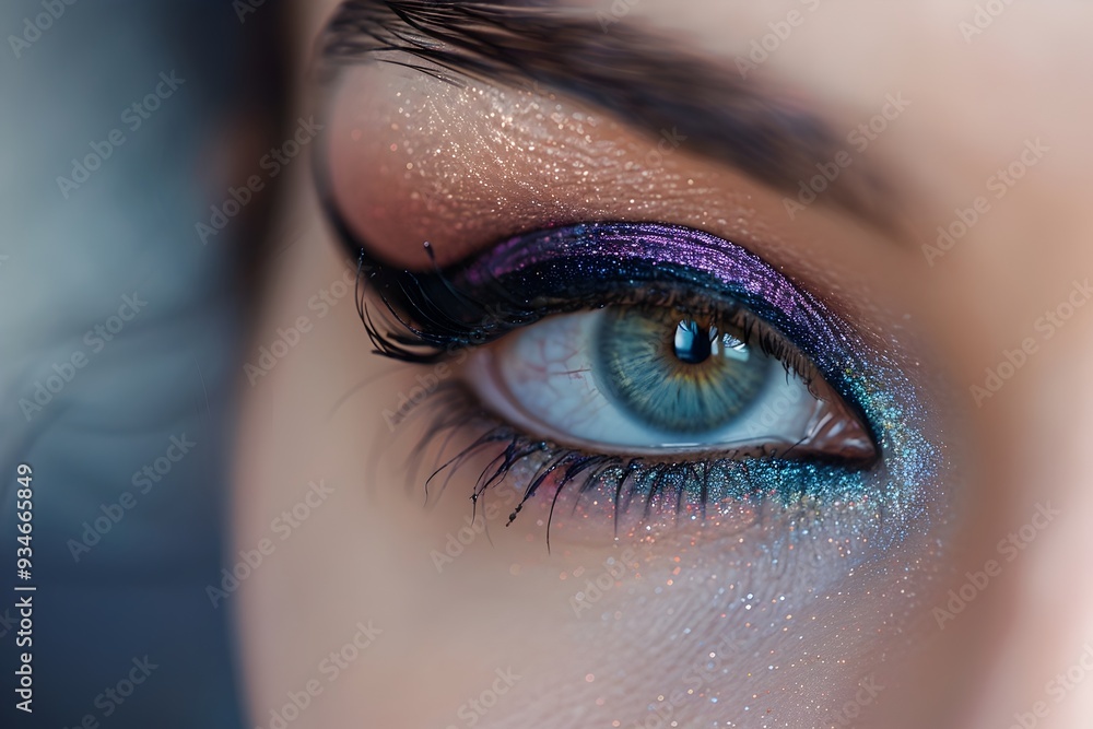 Close-up Portrait of a Woman's Stylishly Made-up Eye with Vibrant Eyeshadow and Eyeliner Close-up Portrait of a Woman's Stylishly Made-up Eye with Vibrant Eyeshadow and Eyeliner