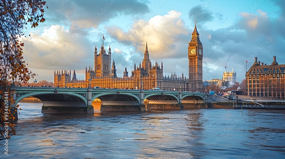 Naklejka premium Iconic London Skyline with Big Ben and Houses of Parliament at Sunset