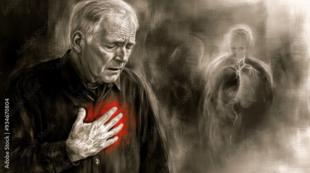 Obraz premium A man with a red heart on his chest is surrounded by a dark, ominous atmosphere. The man's face is filled with fear and pain
