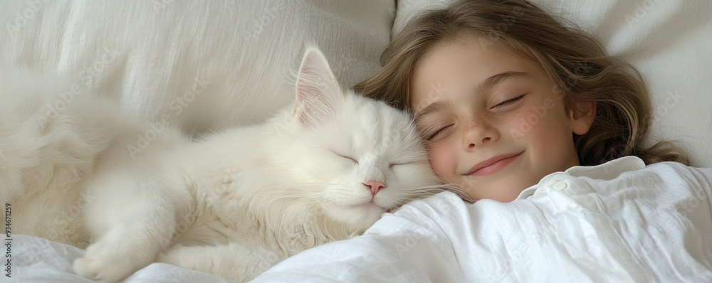 A young girl is sleeping with a white cat on her bed. Concept of warmth and comfort, as the girl A young girl is sleeping with a white cat on her bed. Concept of warmth and comfort, as the girl
