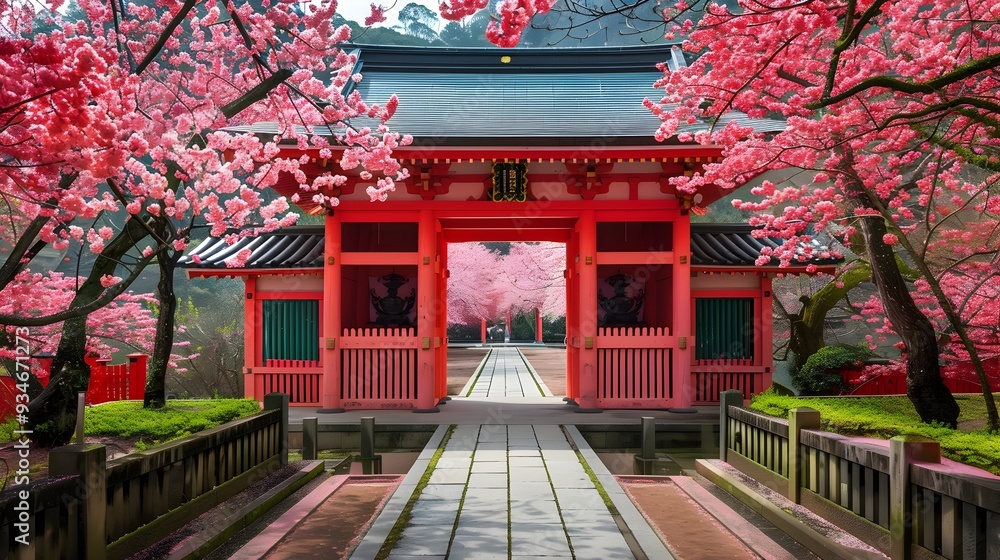 Vibrant Cherry Blossoms Adorn the Majestic Shinto Shrine in Japan Vibrant Cherry Blossoms Adorn the Majestic Shinto Shrine in Japan