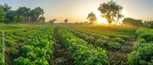 Obraz na płótnie A panoramic view of a lush herb farm at dawn, with rows of basil, parsley, and chives bathed in golden light and morning mist. w salonie