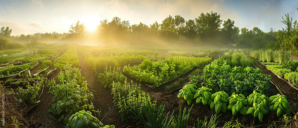 A dawn scene on a herb farm, where basil, parsley, and chives grow in lush rows under a misty, golden-lit sky. A dawn scene on a herb farm, where basil, parsley, and chives grow in lush rows under a misty, golden-lit sky.