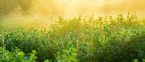 Thyme and oregano bathed in golden light, with mist rising in an outdoor herb garden at sunrise.