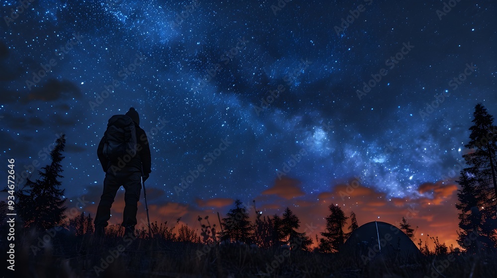 Fototapeta premium Adventurer Camping Under Breathtaking Starry Night Sky in Wilderness