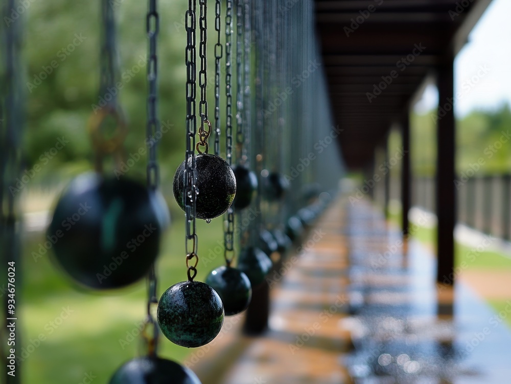 Close-Up of Hanging Spheres on Chains with Blurred Background in Outdoor Setting Close-Up of Hanging Spheres on Chains with Blurred Background in Outdoor Setting
