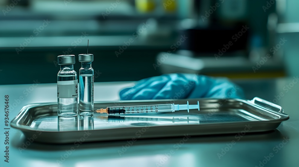 A close up photograph showcasing a syringe and a vial of medication neatly arranged on a sterile metal medical tray with a surgical glove visible in the background A close up photograph showcasing a syringe and a vial of medication neatly arranged on a sterile metal medical tray with a surgical glove visible in the background