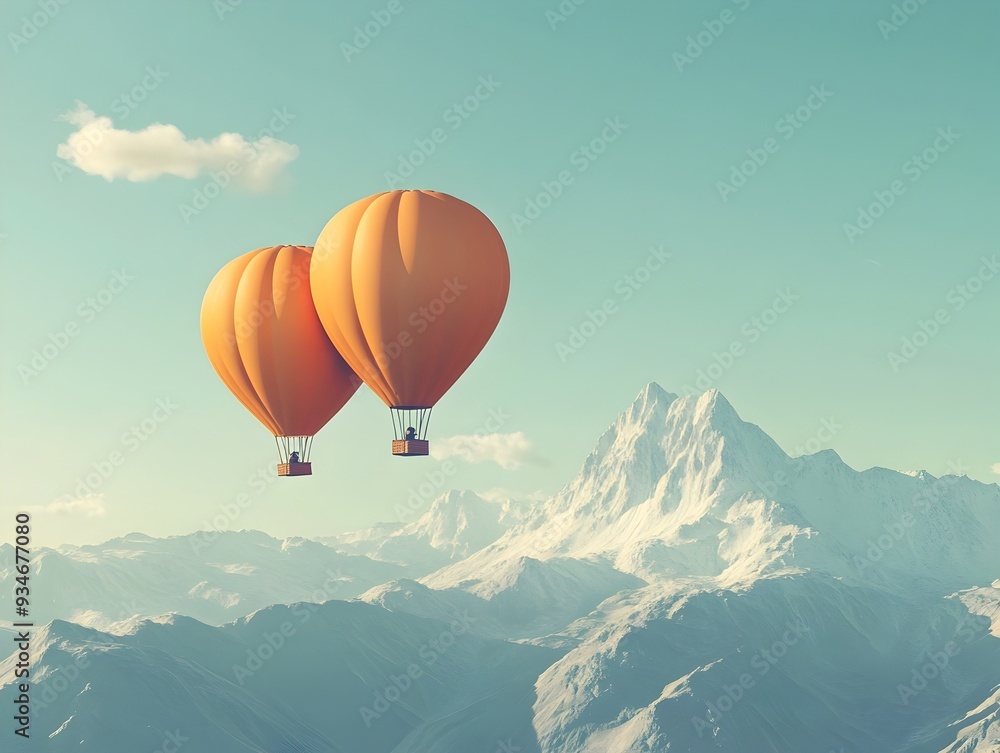 Fototapeta premium A pair of balloons tied together drifting effortlessly above a picturesque mountain range with ample copyspace for text overlay Featuring a flat design aesthetic side view perspective