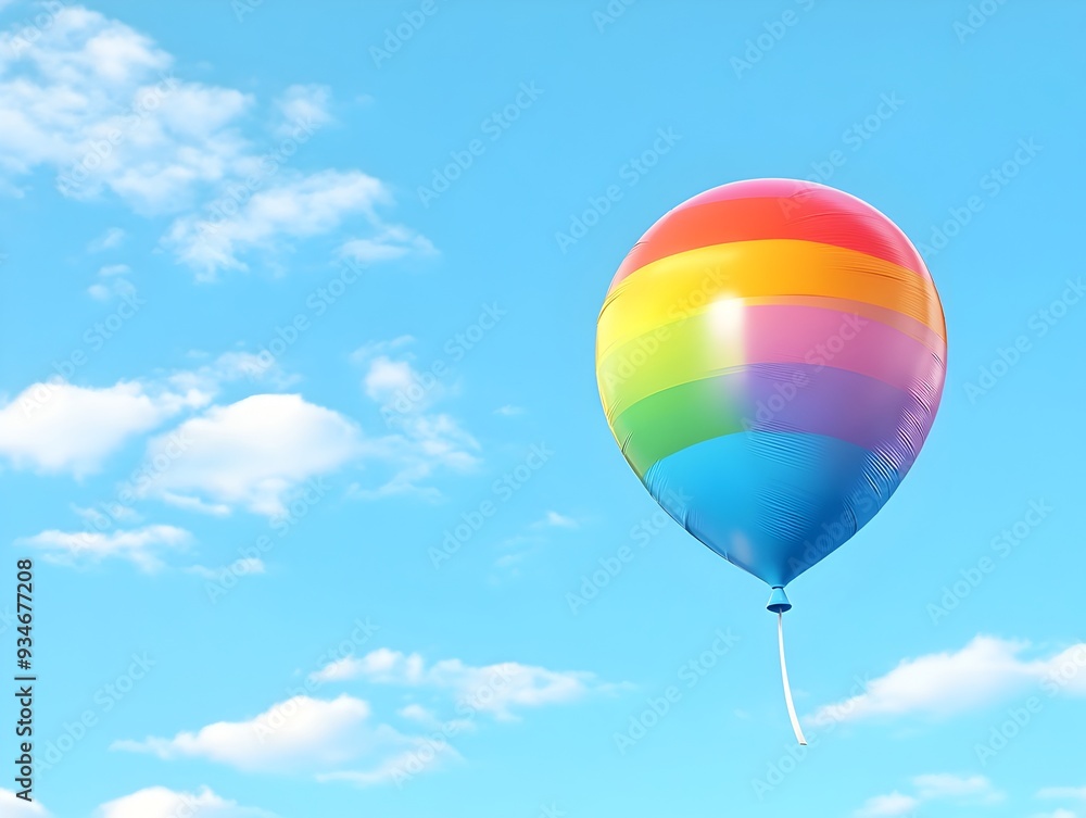 Fototapeta premium A 3D rendered image of a single balloon in a vibrant rainbow gradient floating gracefully in the sky with plenty of copy space The flat design and front view create a modern