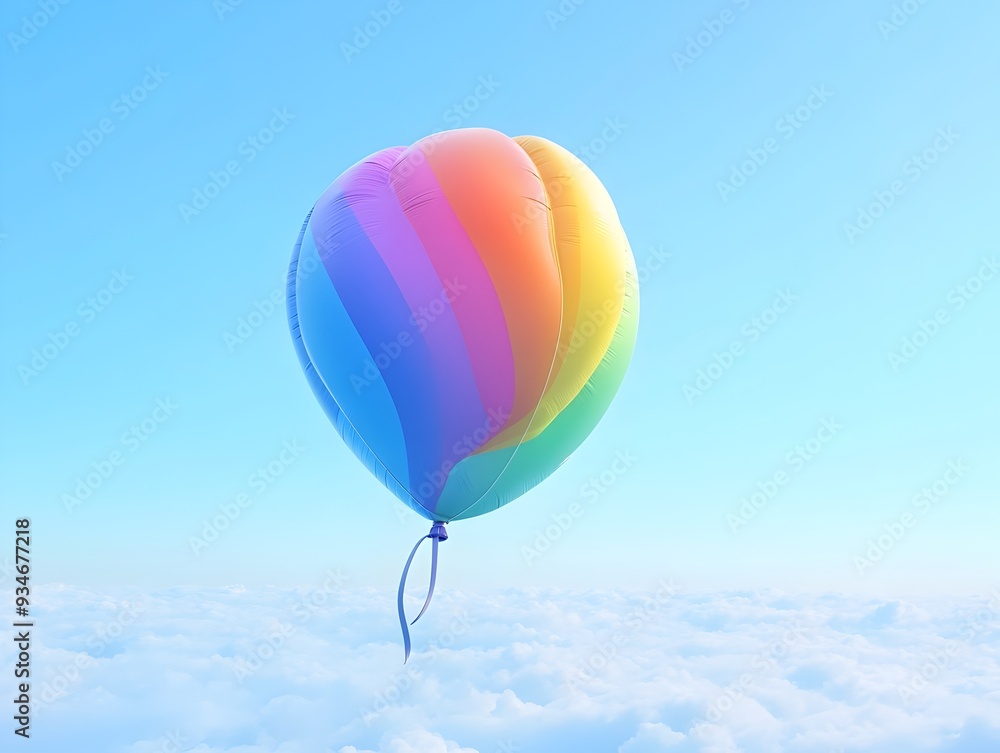 Obraz premium A single 3D rendered rainbow gradient balloon floating gracefully in an open sky setting providing ample copy space for pride or other design purposes The balloon s vibrant colors and simple