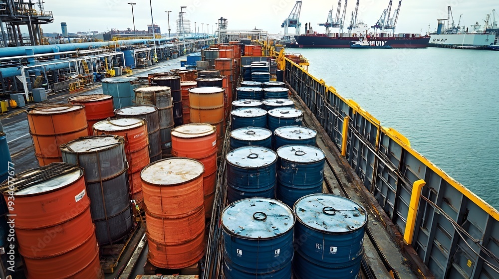 Large containers and drums filled with a variety of petrochemical products being carefully loaded onto ships for export to international markets in a bustling harbor or port facility Large containers and drums filled with a variety of petrochemical products being carefully loaded onto ships for export to international markets in a bustling harbor or port facility