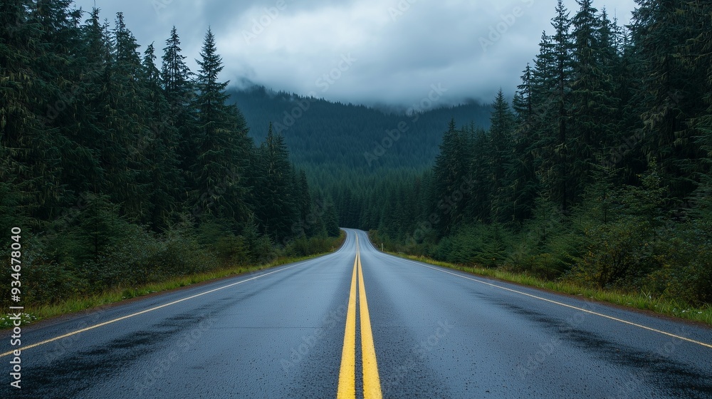 Naklejka premium A serene road stretches into the distance, surrounded by lush forests and misty mountains under a cloudy sky.