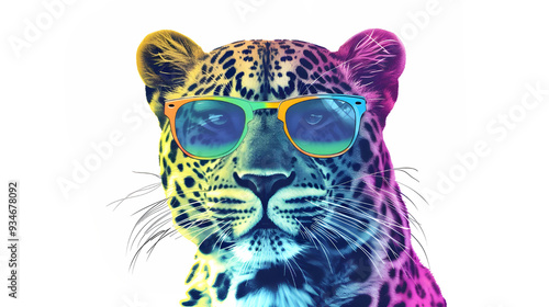 Colorful leopard cartoon with sunglasses, looks cute and striking when placed on a white background.