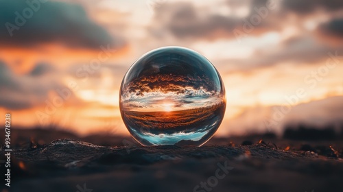 Crystal Ball Reflecting a Stunning Sunset Over a Serene Landscape with Dramatic Clouds