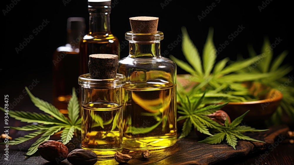 Bottle of medical cannabis oil next to hemp leaves, Bottle of medical cannabis oil next to hemp leaves,