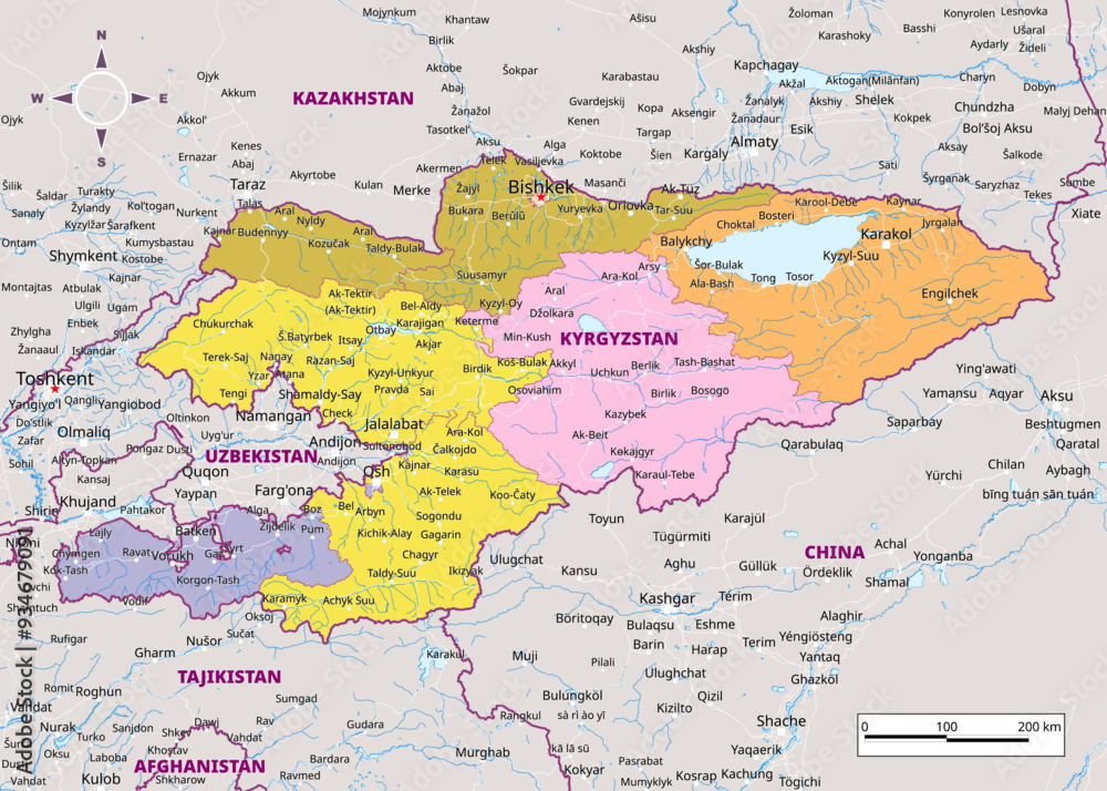Obraz premium Detailed political map of Kyrgyzstan