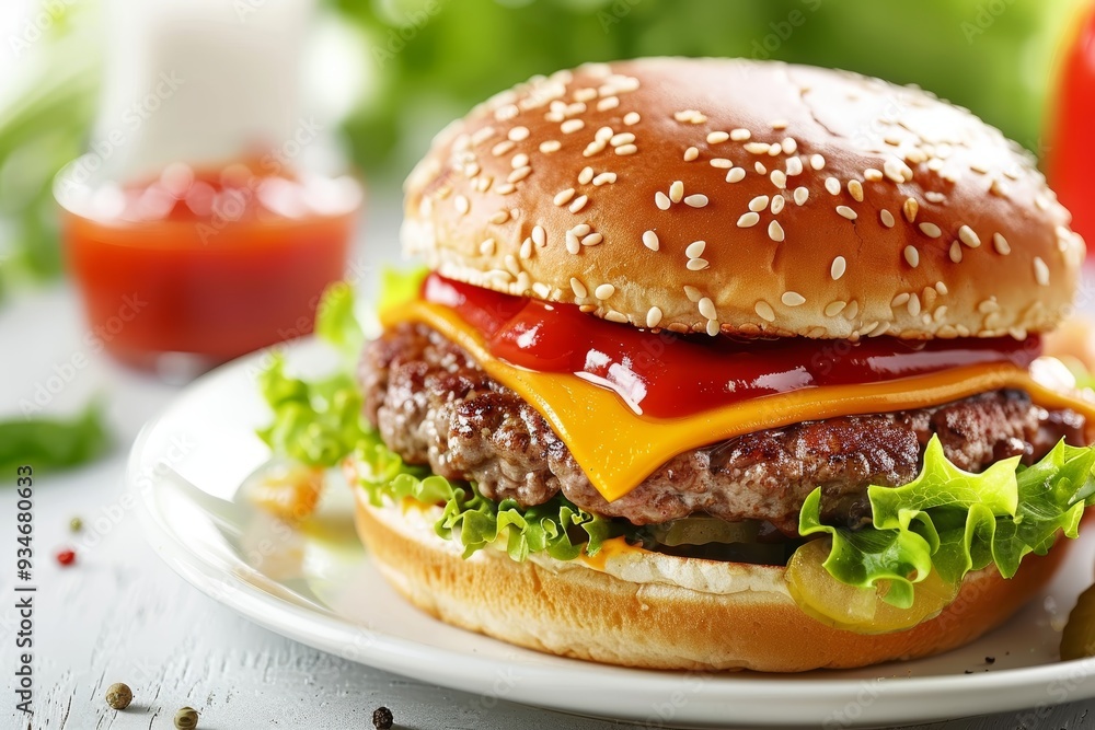 Close-up of a Cheeseburger with Lettuce, Pickles, and Ketchup Close-up of a Cheeseburger with Lettuce, Pickles, and Ketchup