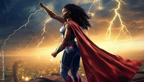 a supergirl in a dynamic battle scene, standing on a crumbling rooftop with lightning striking in the background photo