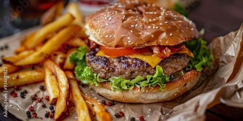 Close-up of a Cheeseburger with Bacon, Tomato, Lettuce, and French Fries photo