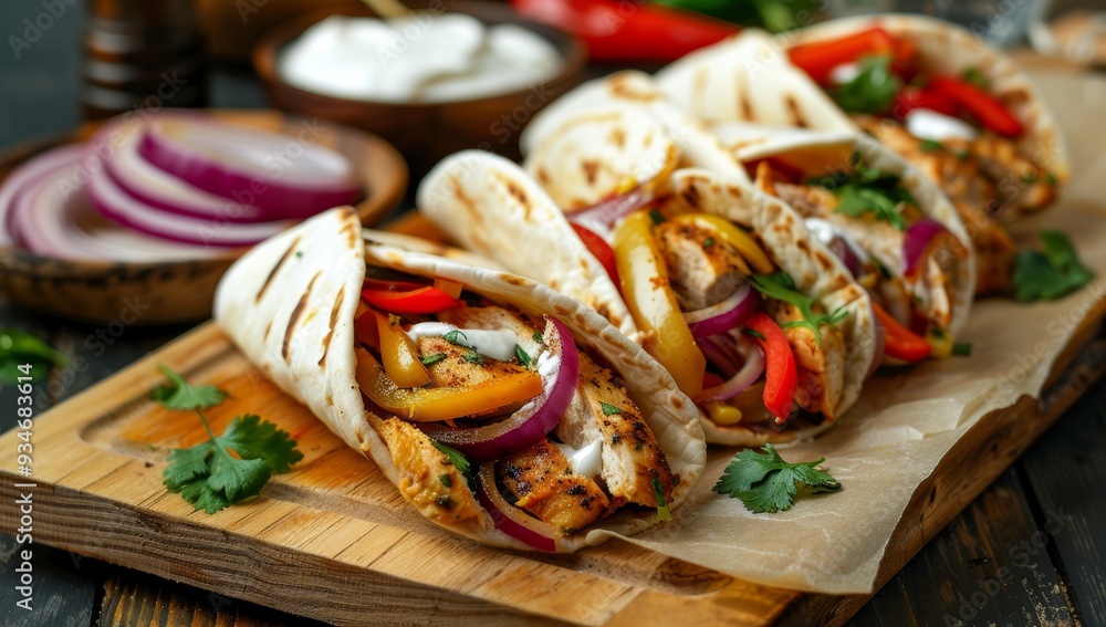 Chicken and Vegetable Tortillas on a Wooden Cutting Board Chicken and Vegetable Tortillas on a Wooden Cutting Board