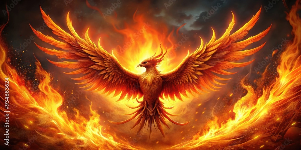Fototapeta premium Majestic fiery Phoenix rising from the ashes , mythical, bird, rebirth, fire, feathers, creature, legendary