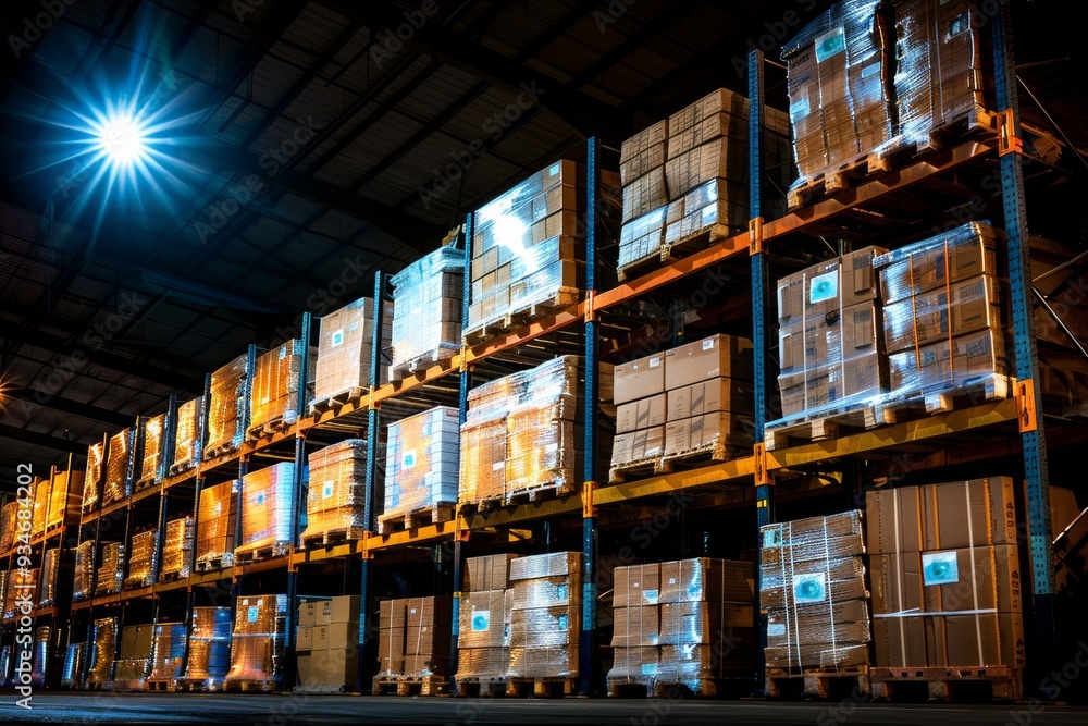 Rows of neatly stacked pallets illuminated in a warehouse at night Rows of neatly stacked pallets illuminated in a warehouse at night