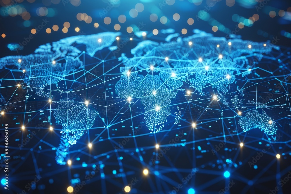 Digital world map with glowing connections illustrating global network and data exchange Digital world map with glowing connections illustrating global network and data exchange