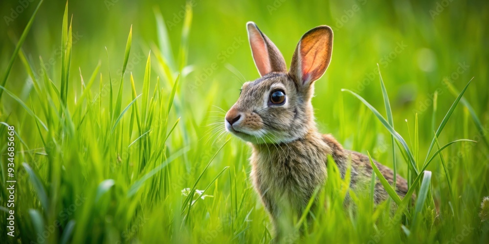 Fototapeta premium Rabbit camouflaged in tall green grass, rabbit, nature, wildlife, animal, outdoor, fluffy, cute, camouflage, hidden, field, meadow