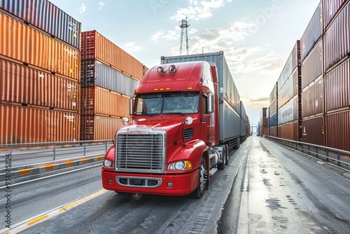 Red truck navigating through a shipping container yard at sunset photo