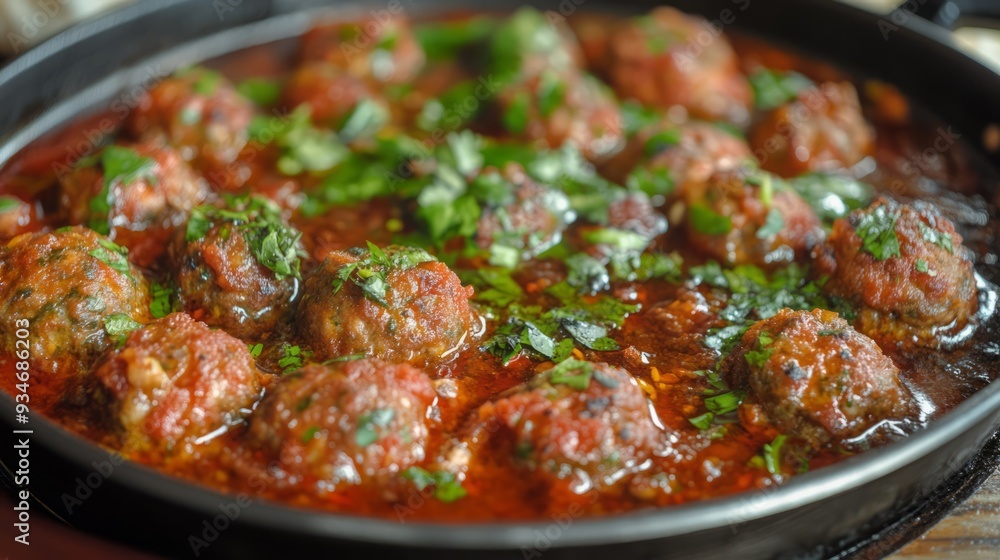 Close-up of a pan of savory meatball stew with a bright red sauce and fresh herbs. Close-up of a pan of savory meatball stew with a bright red sauce and fresh herbs.