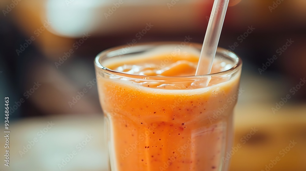 A close-up of a healthy smoothie in a clear glass with a straw. A close-up of a healthy smoothie in a clear glass with a straw.