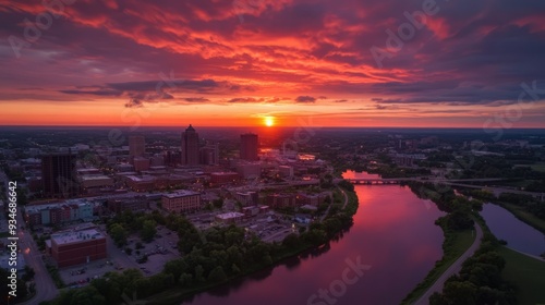 A vibrant sunset casts a warm glow over a city skyline, illuminating the river and surrounding trees.