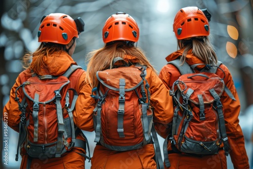 Three people wearing orange helmets and backpacks prepare for an outdoor adventure in a snowy forest during winter