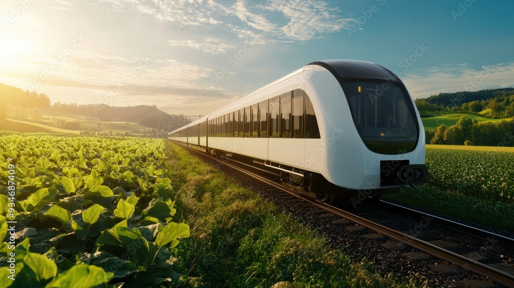 Naklejka premium Modern High-Speed Train Traveling Through Scenic Countryside at Sunset with Lush Green Fields