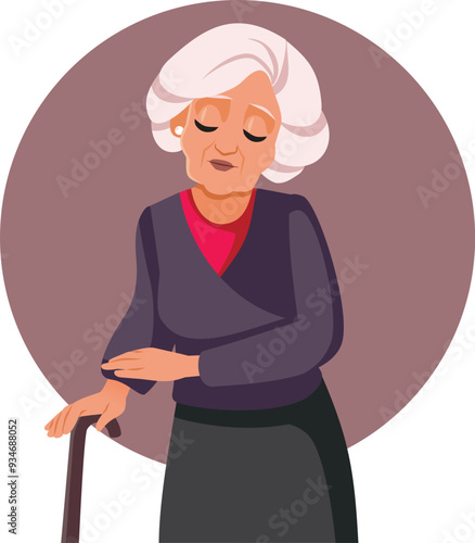 Sick Elderly Woman Walking with a Cane Vector Illustration. Unwell pensioner woman being unable to walk without support 

