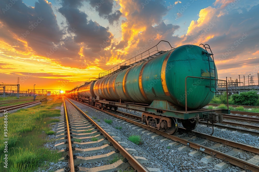 Sunset over green tank cars on railway tracks in a rural area Sunset over green tank cars on railway tracks in a rural area