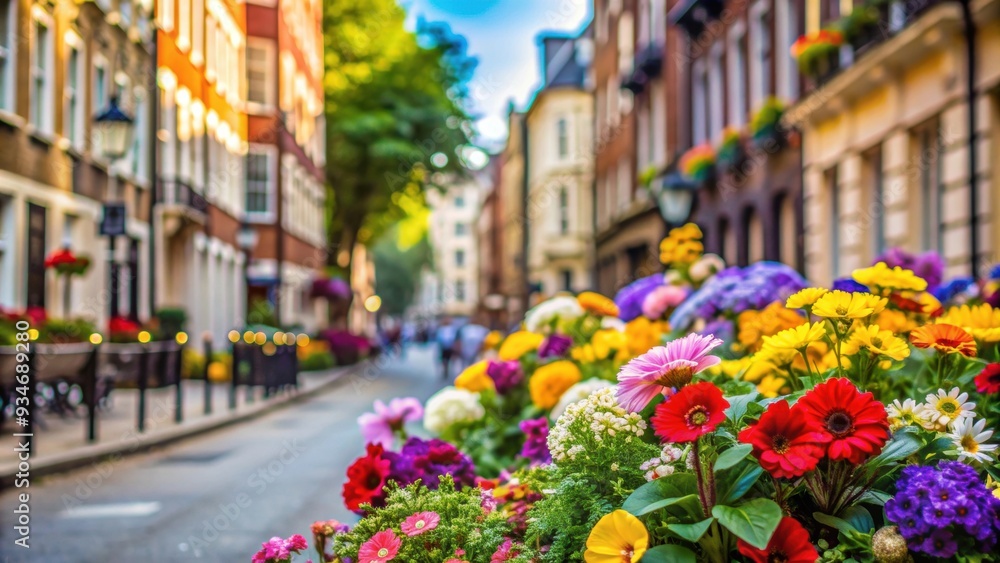 custom made wallpaper toronto digitalSelective focus on colorful flowers in front of a London street , London, flowers, street, city, UK, urban, colorful, bloom