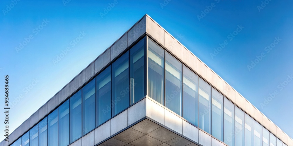 Fototapeta premium Minimalist corner of modern glass and concrete building against clear sky, architecture, urban, contemporary, facade