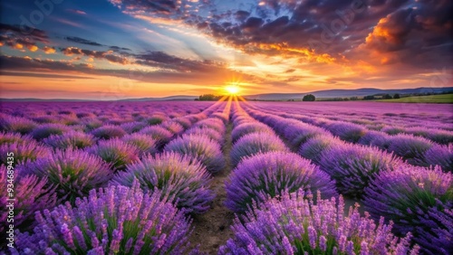 Vibrant lavender field glowing in the sunset light, lavender, field, sunset, purple, beautiful, nature, landscape, agriculture