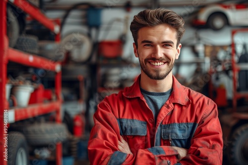 Young mechanic smiling confidently in a workshop surrounded by tools and vehicle parts